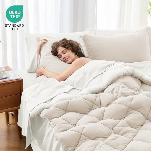 MUXHOMO 7 Pieces Oversized King Comforter Set, Reversible Bed in a Bag Oversized King Size, All Season Bedding Set with Comforter, Flat Sheet, Fitted Sheet, Pillowcases & Shams, Beige & White