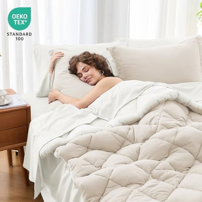 MUXHOMO 7 Pieces Oversized King Comforter Set, Reversible Bed in a Bag Oversized King Size, All Season Bedding Set with Comforter, Flat Sheet, Fitted Sheet, Pillowcases & Shams, Beige & White