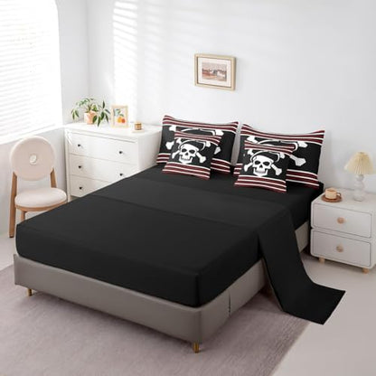 Erosebridal 7Pcs Pirate Comforter Set King Size,Nautical Skull Bedding Set for Kids Boys Teens Youth,Red Black White Stripes Bed in A Bag,Ocean Adventure Theme Sheet Set with Comforter