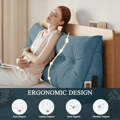 DANGHOOGY Headboard Pillow Queen, Large Triangular Wedge Headboard Pillow for Reading and Resting, Backrest Positioning Support Pillow with Removable Cover (Light Blue)