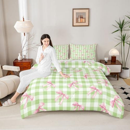 jejeloiu Bowknot Kids Comforter Set Toddler Size Checkerboard Bedding Set Pink Bow Duvet Quilt for Kids Boys Girls Bedroom Plaid Decor Microfiber Ultra Soft Breathable