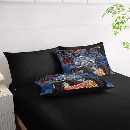 AILONEN Monster Truck Comforter Set Twin Size,7-Piece Cartoon Truck on Blue Background Theme Bed in a Bag,Comforter & Fitted Sheet with Flat Sheet & 2 Pillowcases,2 Pillow Cases for Bedroom,Soft