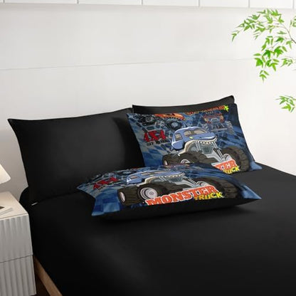 AILONEN Monster Truck Comforter Set Twin Size,7-Piece Cartoon Truck on Blue Background Theme Bed in a Bag,Comforter & Fitted Sheet with Flat Sheet & 2 Pillowcases,2 Pillow Cases for Bedroom,Soft