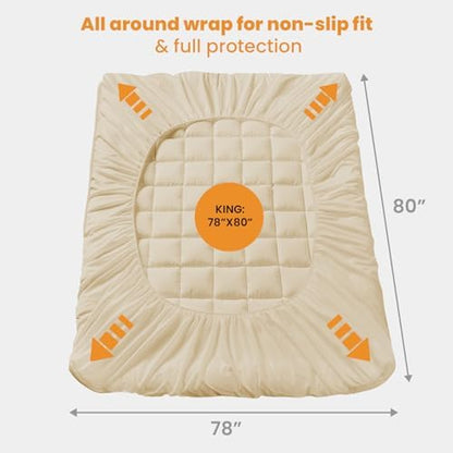 MATBEBY King Size Mattress Pad - Cooling Breathable Mattress Topper, Quilted Fitted Mattress Protector, Pillow Top Mattress Cover with 8-21" Deep Pocket, Soft, Machine Washable, Beige, 78x80 Inches