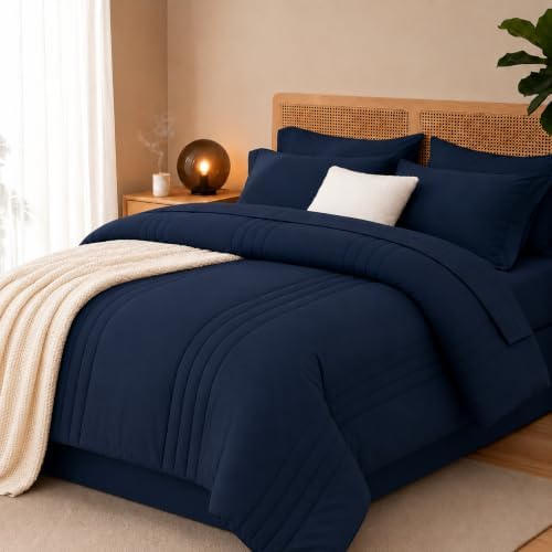Twin Comforter Set with Sheet Navy Blue, 5 Pieces Bed in a Bag