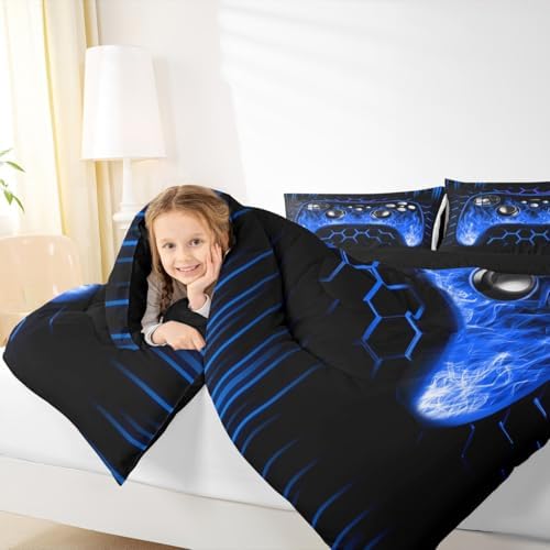 Erosebridal Ombre Art Honeycomb Gamer Gifts Comforter Set Blue Neon Lights Game Consoles Toddler Bedding Sets for Boys Geometry Hexagon Beehive Down Comforter Gaming Decor for Boys Bedroom Decor