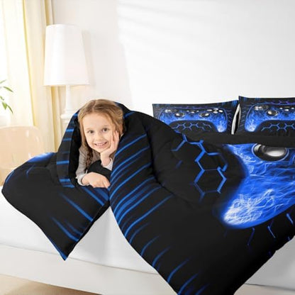 Erosebridal Ombre Art Honeycomb Gamer Gifts Comforter Set Blue Neon Lights Game Consoles Toddler Bedding Sets for Boys Geometry Hexagon Beehive Down Comforter Gaming Decor for Boys Bedroom Decor