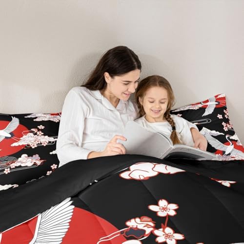 Japanese-Style Comforter Set King Size Pink Cherry Blossoms Bedding for Boys Girls Women Soft Microfiber 3 Pieces Quilted Duvet Ukiyoe Theme Down Comforter Japanese Traditional Pattern Quilt