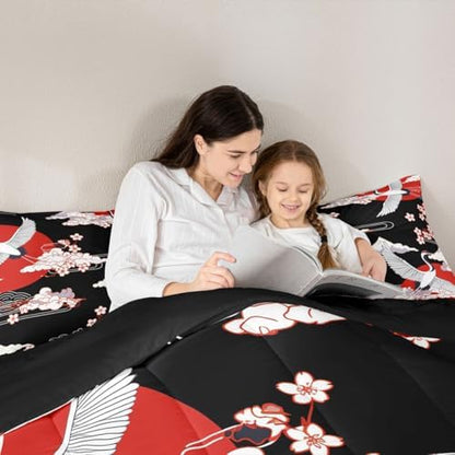 Japanese-Style Comforter Set King Size Pink Cherry Blossoms Bedding for Boys Girls Women Soft Microfiber 3 Pieces Quilted Duvet Ukiyoe Theme Down Comforter Japanese Traditional Pattern Quilt