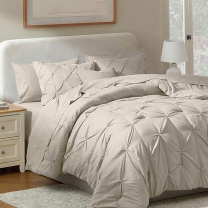 Nestl 9 Piece King Comforter Set – Beige Pinch Pleated Bed in a Bag – Complete King Size Bedding Set with Sheets, Set of 2 Cooling Pillows, Pillowcases and Shams