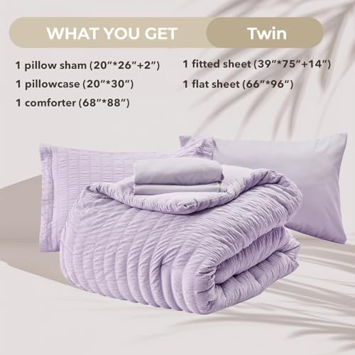 HYMOKEGE Lavender Twin Comforter Set Seersucker 5 Pieces, All Season Luxury Bed in a Bag for Bedroom, Bedding Set with Comforters, Sheets, Pillowcase & Shams