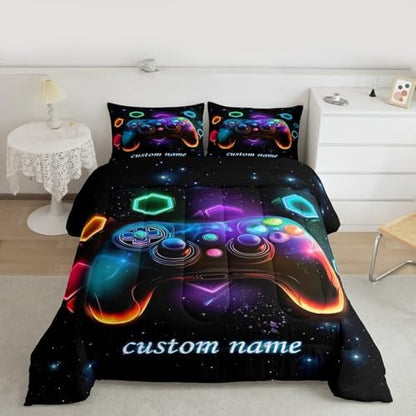 Custom Name Game Consoles Toddler Bedding Sets Gamer Gifts,Customized Gaming Comforter Sets for Boys Space Glow Geometric Kids Comforter Boys Red Green Blue Teal,Gaming Decor for Bedroom