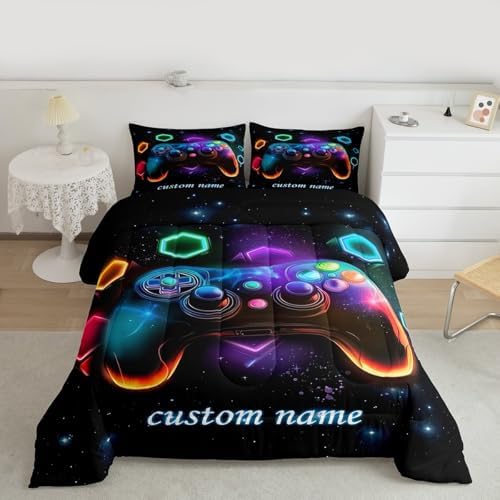 Custom Name Game Consoles Comforter Sets Twin Gamer Gifts, Personalized Boys Twin Bedding Set with Space Glow Geometric, Red Green Blue Teal, Kids Room Decor