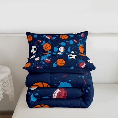 jejeloiu Ball Games Comforter Set All Season Soccer Basketball Baseball Football Bedding Set with 2 Pillow Cases Splash Ink Ball Games Microfiber Kids Full Bedclothes Sports Theme Decor Duvet Quilt