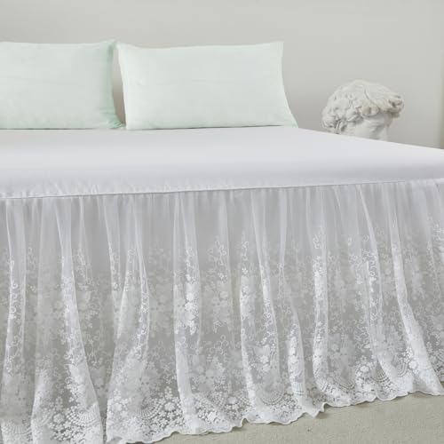 Brandream Lace Bed Skirt Twin Size White 18 Inch Drop Romantic Dust Ruffle Split Corners Bed Sheets Cover Excellent Quality