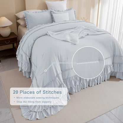 Masaca Oversized King Comforter 120x120,3 Pieces Farmhouse Ruffle Bedding Comforter,Light Blue Oversized Shabby Boho Chic Cal King Ruffled Bed Comforter Lightweight and Soft