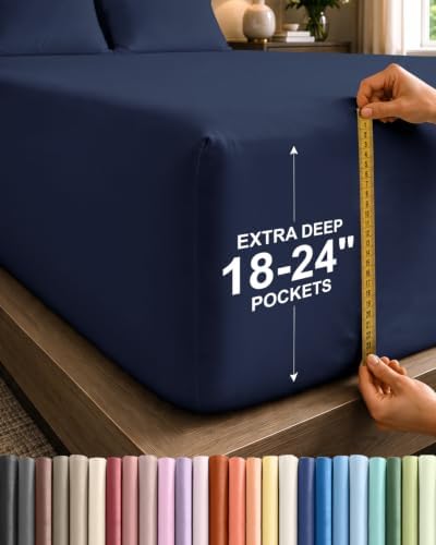 CGK Linens Extra Deep Queen Fitted Sheet - Fitted Sheet Only - Navy Blue