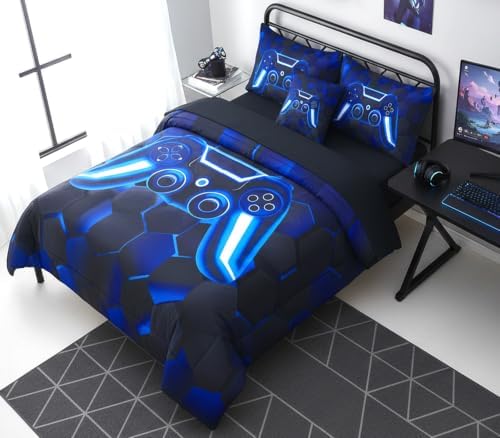 URBONUR Blue Gaming Comforter Set for Boys Twin Size 6 Pieces