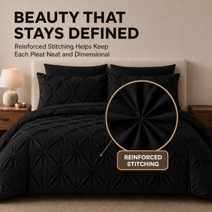 HIMEET Full Size Comforter Set Black - 7 Pieces Pintuck Bed in a Bag
