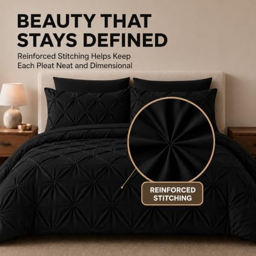 HIMEET Twin XL Comforter Set Black - 5 Pieces Pintuck Bed in a Bag