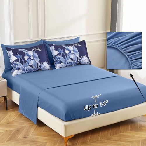 Luxudecor Floral Comforter Set King Size 7 Piece, Navy Blue Flower Bed in a Bag, Elegant Floral Comforter with Sheet Set, Soft Microfiber Bedding Set for All Season (Navy Blue, 104"x90")
