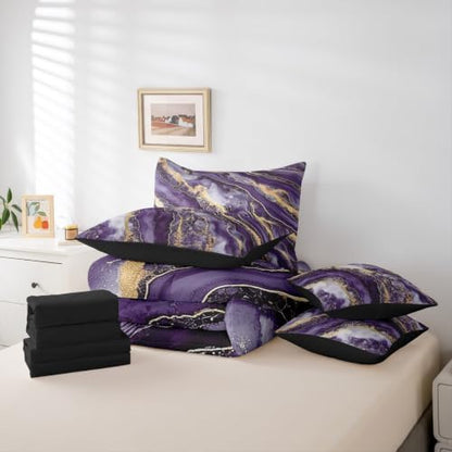 Erosebridal Watercolor Marble Print Comforter Set Twin Size,Purple Gradient Bedding Set for Kids Teens,Abstract Art (Comforter+Fitted+Flat Sheet+2 Pillowcases+2 Throw Pillow Covers) 7 Pieces Bed Set