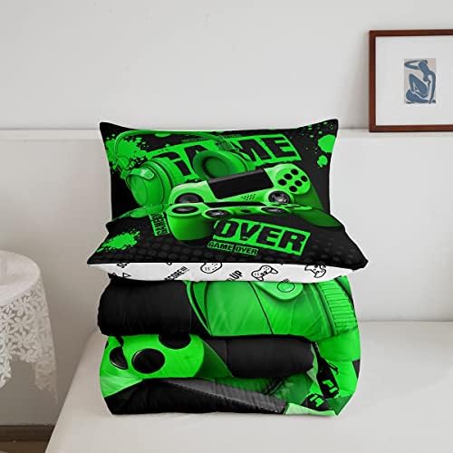 Gamer Comforter Sets for Boys Teens Gaming Comforter Full Size Kids Youth Video Game Comforter Set Green Black Room Decor Headphone Gamepad Bedding Set Reversible Quilt Set for All Season 3Pcs
