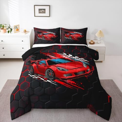 Sports Car Duvet Insert Set Queen,Red Race Car Extreme Sport Bedding Set 3pcs for Kids Teens Boys,Competitive Gaming Comforter Set Black White Honeycomb Grid Quilted Duvet Set with 2 Pillowcases