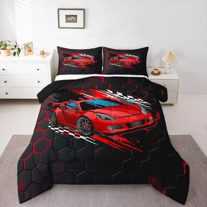 Red Sports Car Comforter Set King Size,Neon Geometric Honeycomb Bedding Set 3pcs，Kids Boys Teens Fashion Room Decor Racing Car Sports Gaming Comforter Cover Modern Black Quilt Cover,2 Pillowcase