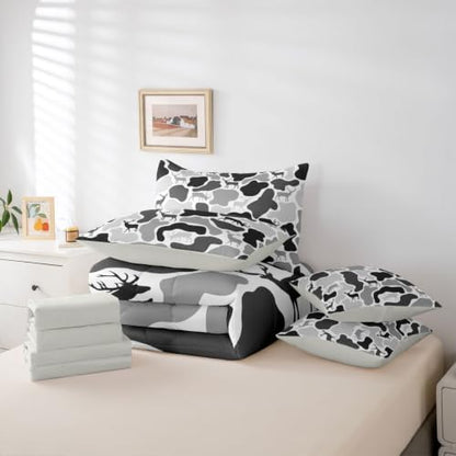 Erosebridal Camo Bed in A Bag 7 Pcs Wild Hunting Deer Comforter Set for Kids Boys Girls Vintage Grey Black Bedding Sets Full Wildlife Camouflage Sheet Set with Comforter