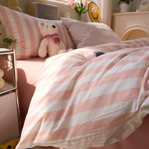 VM VOUGEMARKET Pink Striped Duvet Cover Twin Size Girls Dorm Bedding Set Pink White Stripes Duvet Cover with 2 Pillowcases Soft Lightweight Microfiber Farmhouse Comforter Cover-68 x86