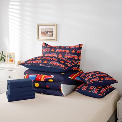 Erosebridal Boys Fire Truck Comforter Set with Sheets King, Cartoon Red Firemen Car Bed in A Bag for Kids Teens Men Room Decor, Dark Blue 7 Pcs Bedding Set, Fire Engine Polka Dots Bed Sets