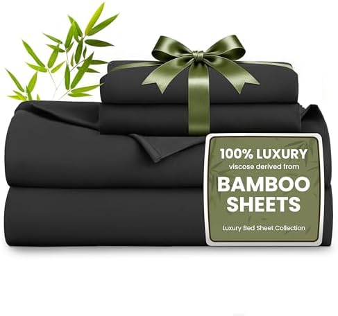 Love's cabin 4 Piece Full Size Sheet Set, 100% Rayon Derived from Bamboo, Cooling & Breathable, Soft Silky Deep Pocket up to 16", Hotel Luxury Bedding for Hot Sleepers, Black