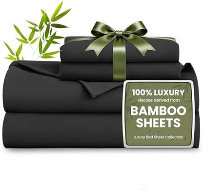 Love's cabin 4 Piece King Size Sheet Set, 100% Rayon Derived from Bamboo, Cooling & Breathable, Soft Silky Deep Pocket up to 16", Hotel Luxury Bedding for Hot Sleepers, Black