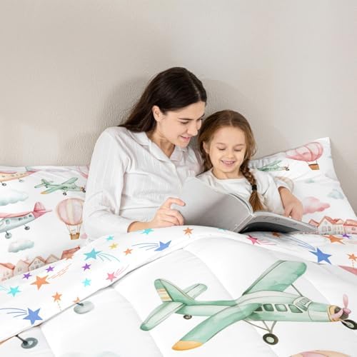 Erosebridal Cartoon Airplane King Size Comforter Set, Pink Aircraft Bedding Set for Girls Kids Teens Youth Women Bedroom, Cute Cat Pink Hot Air Balloon Comforter, Colorful Cloud Duvet Insert
