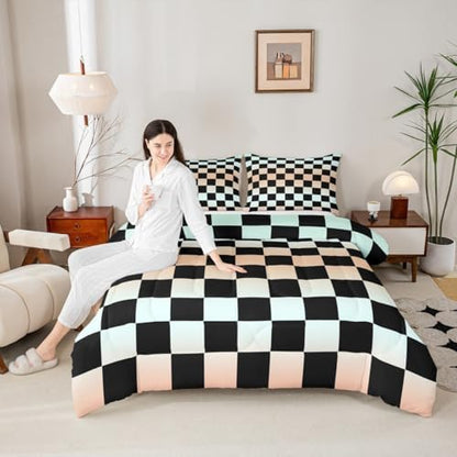 Checkered Geometric Bedding Set for Boys Girls Gradient Teal Blue Plaid Comforter Set Queen Size Checkerboard Modern Aesthetic Duvet Quilt Reversible Grey Bedroom Decor 3 Pcs with 2 Pillow Cases