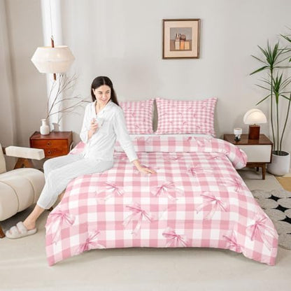 jejeloiu Checkerboard Bowknot Comforter Set All Season Pink Bow Bedding Set with 1 Pillow Cases Plaid Microfiber Kids Toddler Bedclothes Green Bedroom Decor Duvet Quilt Breathable Soft Lightweight