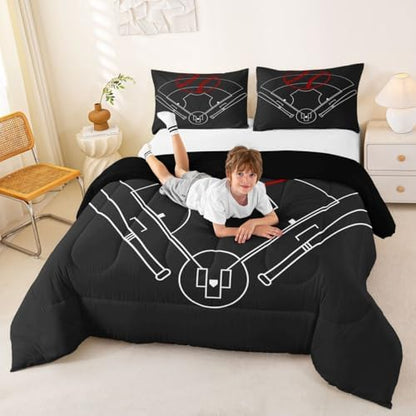 Baseball Field Print Bedding Set King Size,Boys Ball Sports Games Themed Comforter Set Room Decor for Home,Red Baseball Bat Sporting Equipment Microfiber Down Comforter,with 2 Pillowcases