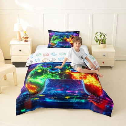 Erosebridal 3D Modern Gamer Comforter Set Gamer Controller Girl Toddler Bedding Set for Tween Boys Girls Geometric Neon Gaming Comforter Video Game Consoles Quilt,Boys Room Decor