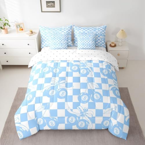 Erosebridal Y2K Trendy Lucky 8 Ball 7 Piece Comforter Set Twin Blue Cherry Bow Bedding Set for Kids Boys Girls Preppy Room Decor,Girly Fashion Y2K Bed in A Bag Geometric Checkerboard Plaid Bed Set
