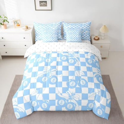 Erosebridal Y2K Trendy Lucky 8 Ball 7 Piece Comforter Set Twin Blue Cherry Bow Bedding Set for Kids Boys Girls Preppy Room Decor,Girly Fashion Y2K Bed in A Bag Geometric Checkerboard Plaid Bed Set
