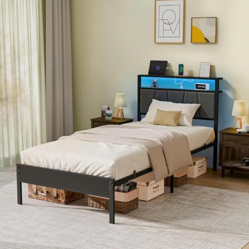 Z-hom Upholstered Full Size Bed Frame,LED Lights Headboard Footboard