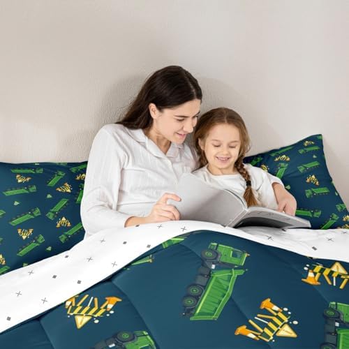 Feelyou Garbage Truck Toy Print Warm Comforter Setfor Kids Boys, Green Garbage Truck Bedding Set Cartoon Equipment Comforter Navy Blue Decor All Season Quilt Room 3Pcs Queen Size Boys