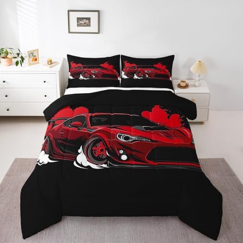 Erosebridal Red Race Car Queen Comforter Set Racing Car Bedding Set for Boys Extreme Sport Car Down Comforter Teens Racing Competition Quilt Cool Sports Duvet Insert Room Decor
