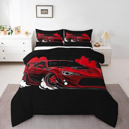 Erosebridal Red Race Car Queen Comforter Set Racing Car Bedding Set for Boys Extreme Sport Car Down Comforter Teens Racing Competition Quilt Cool Sports Duvet Insert Room Decor