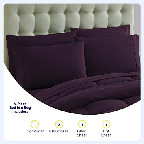 Sweet Home Collection 5 Piece Comforter Set Bag Solid Color All Season Soft Down Alternative Blanket & Luxurious Microfiber Bed Sheets, Purple, Twin XL