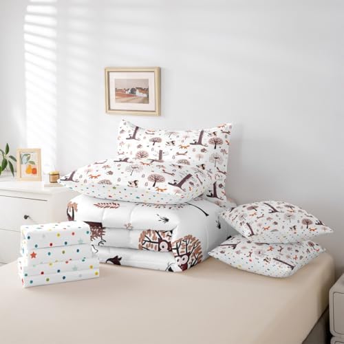Feelyou Wild Animal 7 Piece Bedding Set Fox Squirrel Owl Comforter Set with Sheets for Kids Boys Girls White Brown Bed in a Bag Cute Animal Bed Set Soft Lightweight
