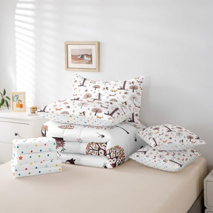 Feelyou Wild Animal 7 Piece Bedding Set Fox Squirrel Owl Comforter Set with Sheets for Kids Boys Girls White Brown Bed in a Bag Cute Animal Bed Set Soft Lightweight