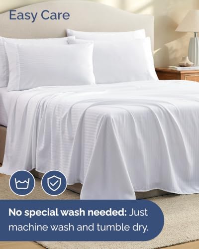 Split King 7 Piece Bed Sheet Set - Breathable & Cooling - Striped White