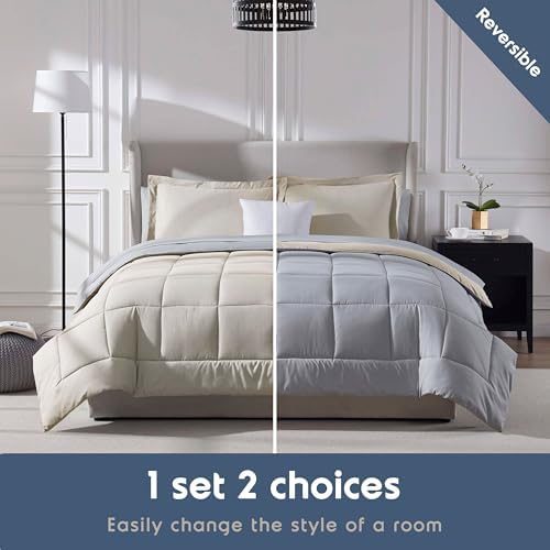 Nestl 9 Piece King Comforter Set – Beige Reversible Bed in a Bag – Complete King Size Bedding Set with Sheets, Set of 2 Cooling Pillows, Pillowcases and Shams